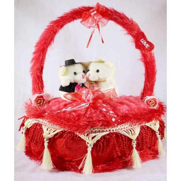 Valentines Red Decorated Heart Cake Plush Cushion with Love Couple Teddy Bears
